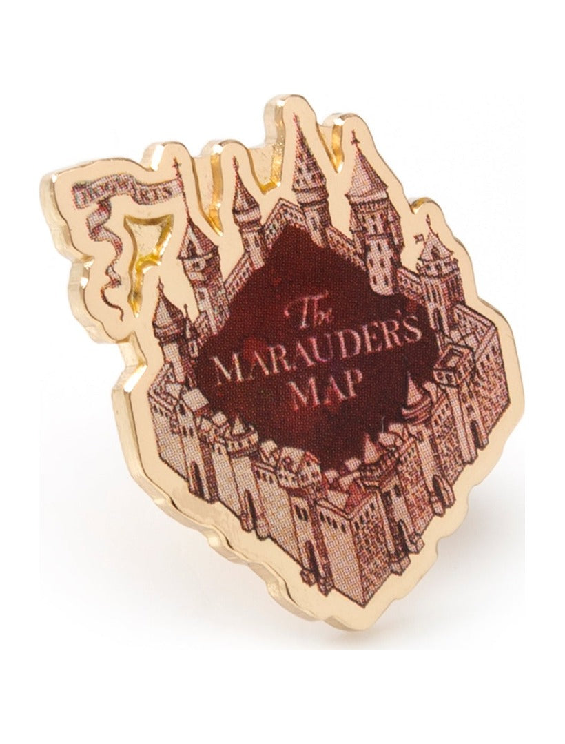 Gold-toned metal Harry Potter Marauder’s Map Lapel Pin shaped like the Hogwarts castle, featuring the text “The Marauder’s Map” in the center.