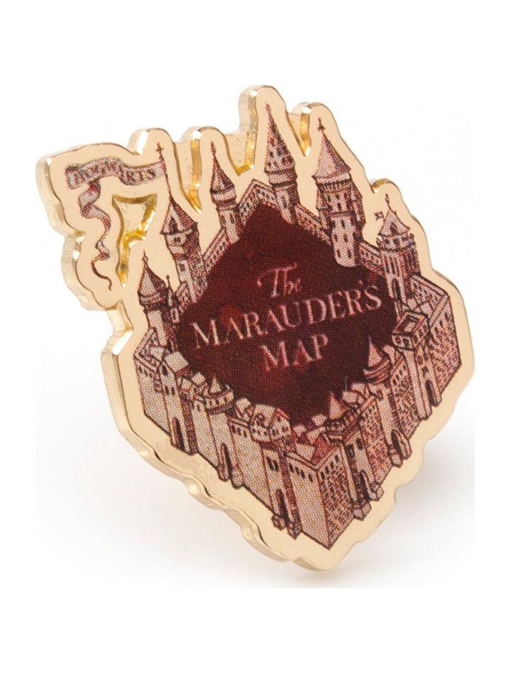 Gold-toned metal Harry Potter Marauder’s Map Lapel Pin shaped like the Hogwarts castle, featuring the text “The Marauder’s Map” in the center.
