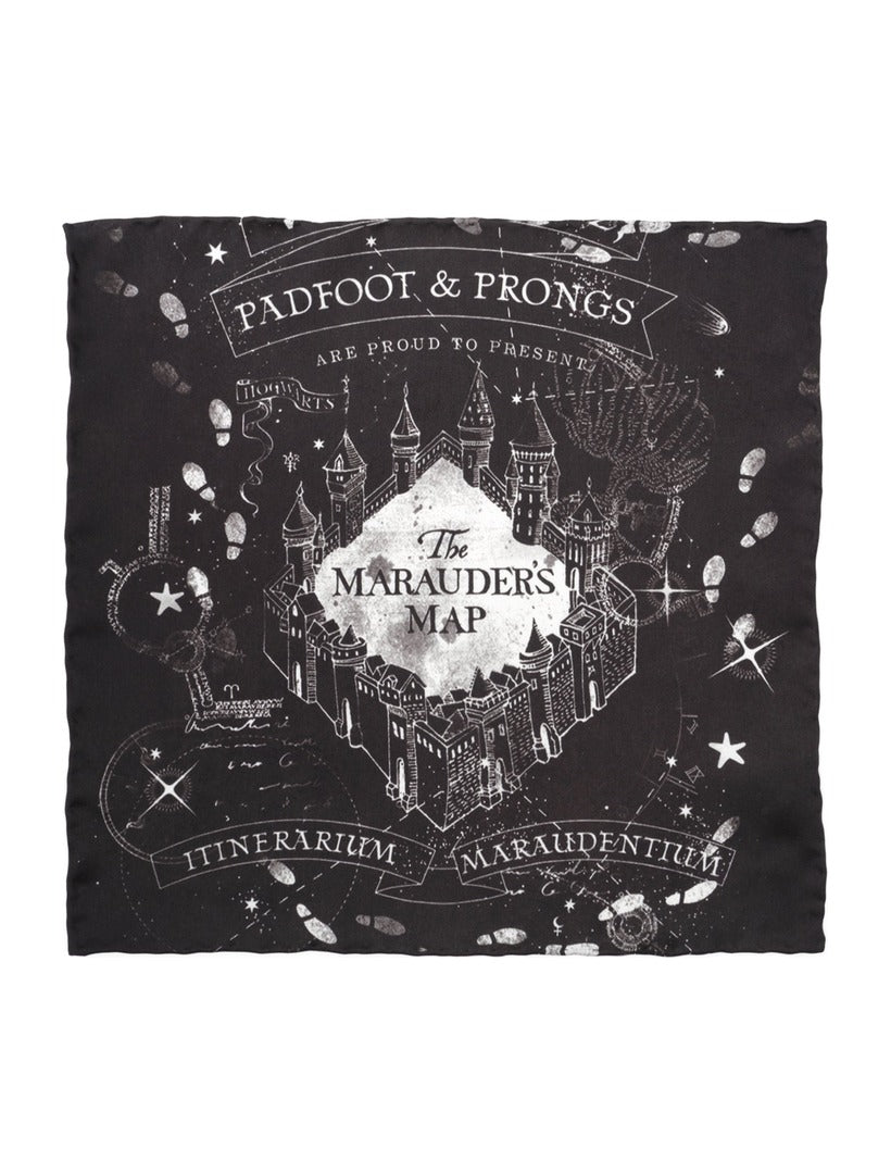Black Harry Potter Marauder’s Map Pocket Square featuring a white map print of a castle, surrounded by stars, footprints, and the names “Padfoot & Prongs.”