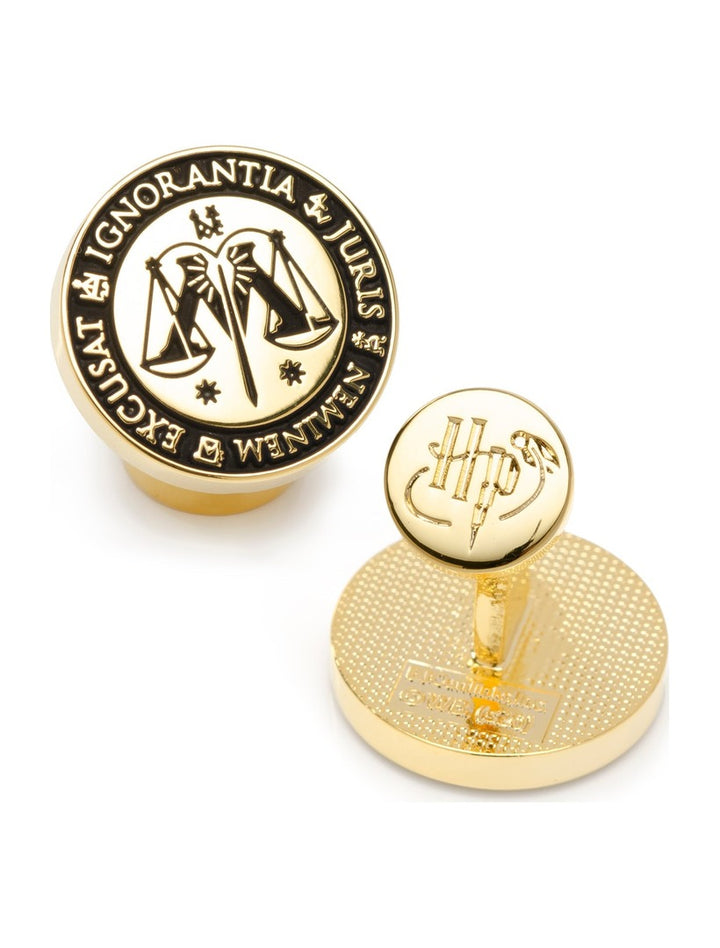 Gold Harry Potter Ministry of Magic Wizengamot Cufflinks featuring the seal with scales and the Latin phrase “Ignorantia juris neminem excusat,” with the HP logo engraved on the backs.