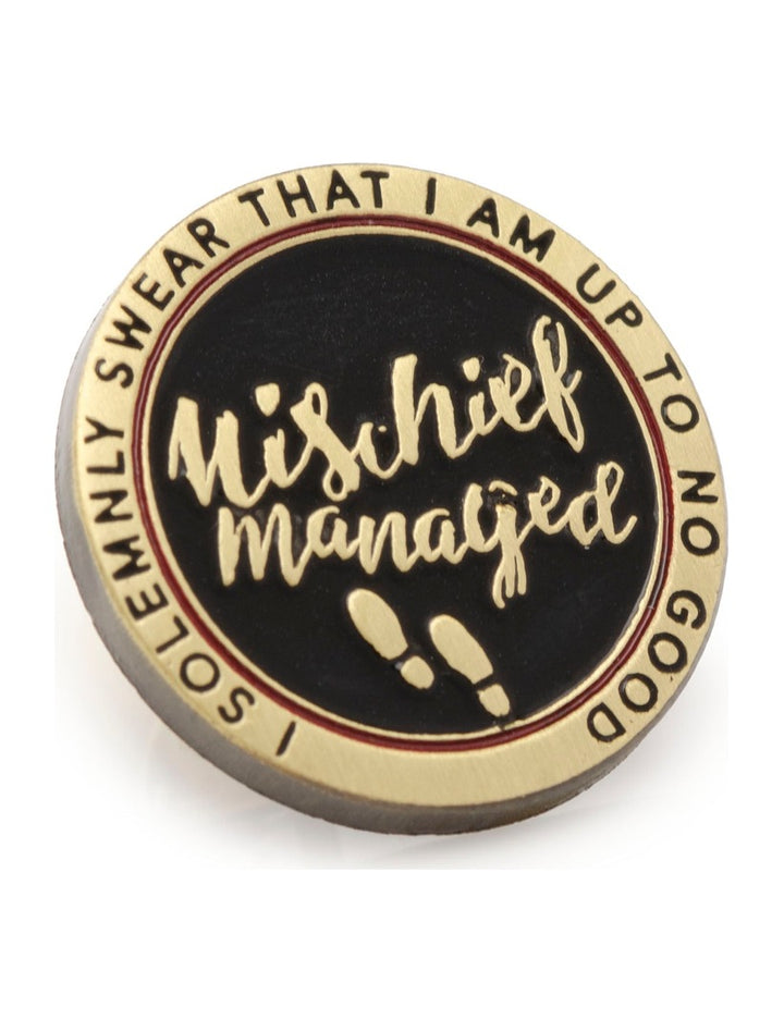 Harry Potter Mischief Managed Gold Lapel Pin featuring a circular gold and black design with “I solemnly swear that I am up to no good” written around the border.