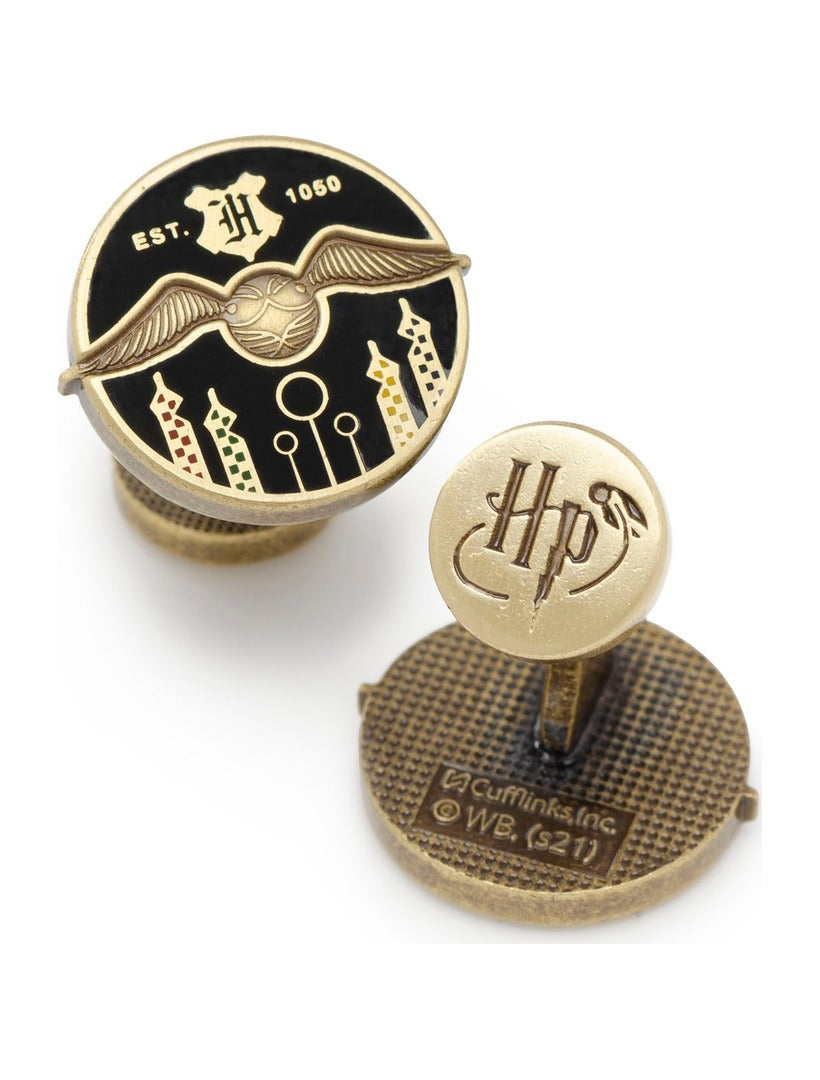 Harry Potter Quidditch Field Cufflinks featuring a round Quidditch pitch illustration with a winged golden snitch, and a circular emblem with the initials “HP” and a lightning bolt.