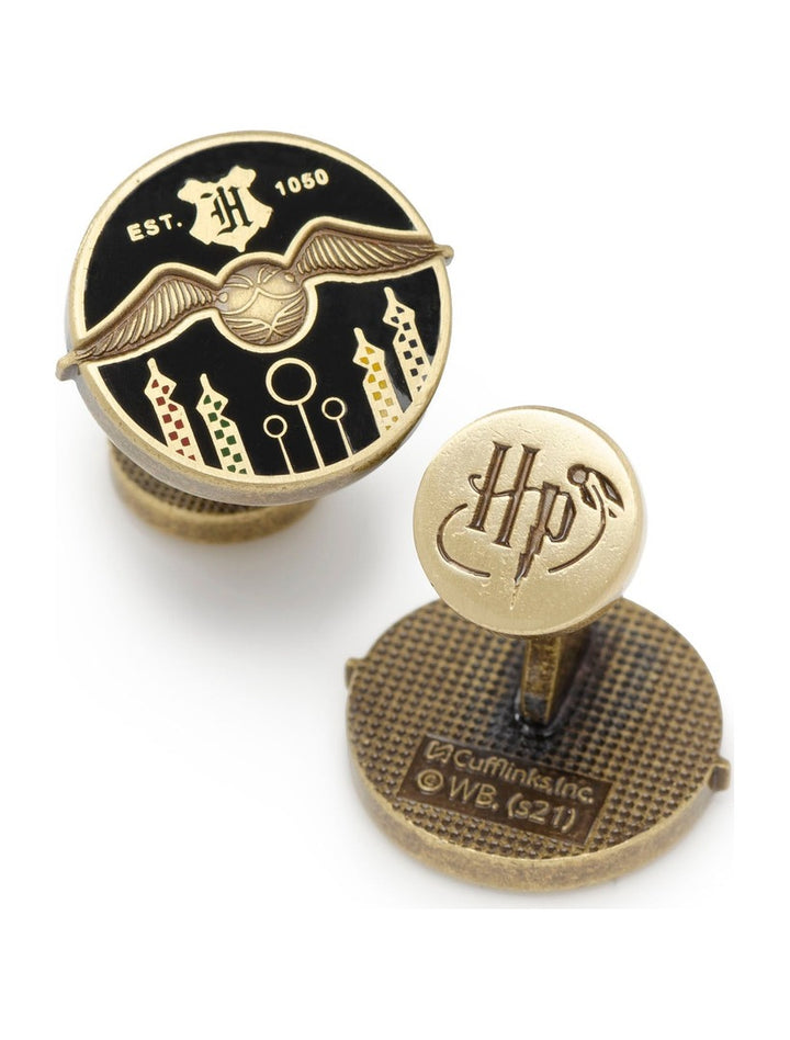 Harry Potter Quidditch Field Cufflinks featuring a round Quidditch pitch illustration with a winged golden snitch, and a circular emblem with the initials “HP” and a lightning bolt.