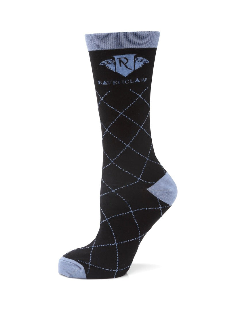 Harry Potter Ravenclaw Men’s Sock, a black crew sock featuring a light blue diamond pattern, a Ravenclaw crest, branded text, and light blue accents at the toe, heel, and cuff.
