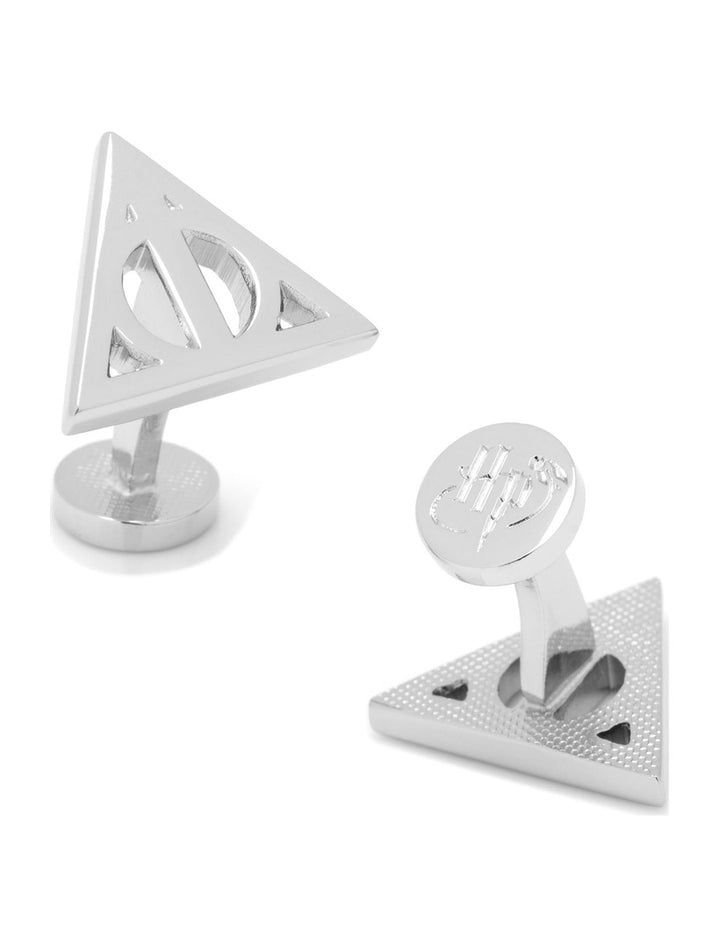 Harry Potter Silver Deathly Hallows cufflinks, one shaped as the triangular symbol and the other featuring a round face with a stylized Wizarding World logo.
