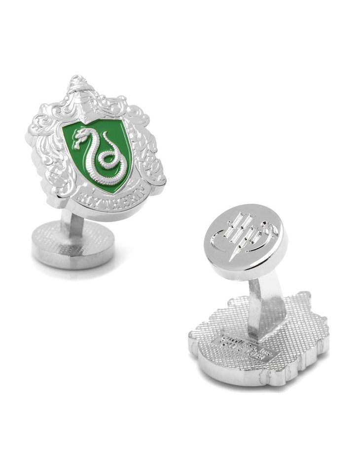 Harry Potter Slytherin Crest Cufflinks in silver-toned metal, featuring a shield-shaped crest with a green serpent emblem and the word “Slytherin” at the base.