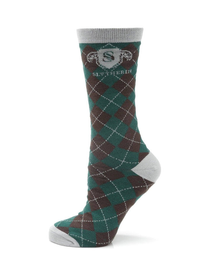 Harry Potter Slytherin Men’s Sock in green and brown argyle with a gray heel, toe, and cuff, featuring a house crest at the top.