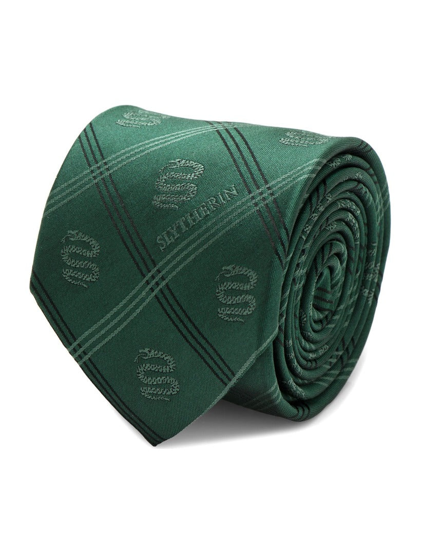 Harry Potter Slytherin Plaid Tie in green with dark green stripes, repeating serpent icons, and the word “Slytherin” as seen at Hogwarts.