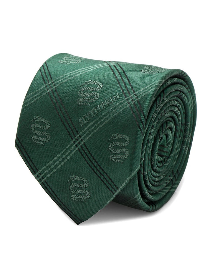 Harry Potter Slytherin Plaid Tie in green with dark green stripes, repeating serpent icons, and the word “Slytherin” as seen at Hogwarts.