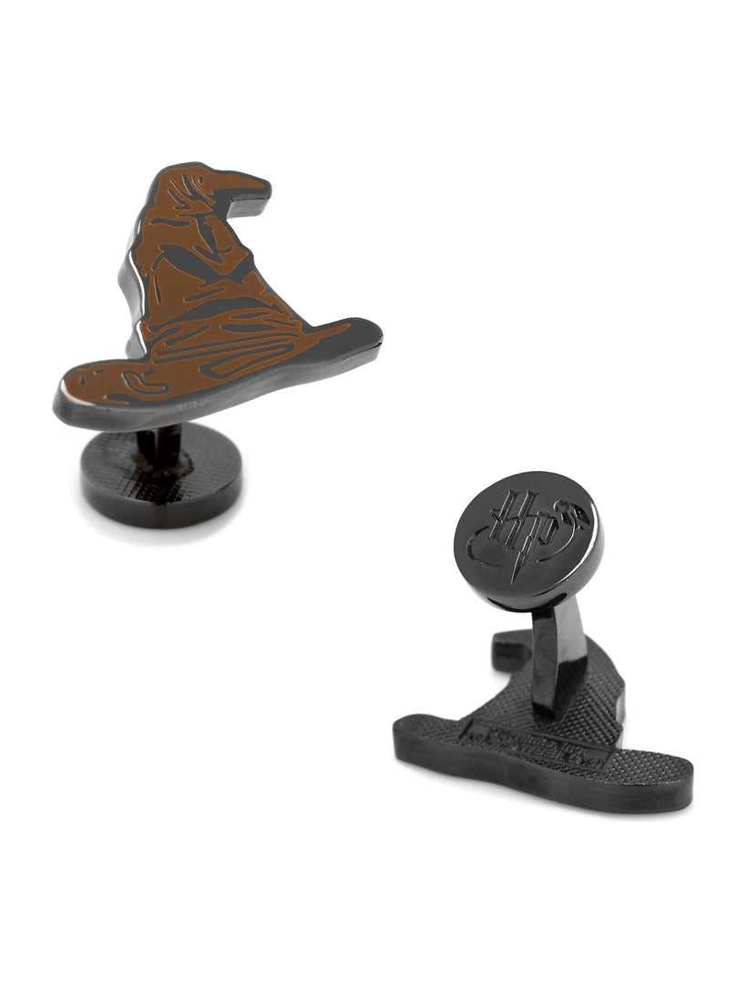 Dark metal Harry Potter Sorting Hat Cufflinks featuring the Sorting Hat, with the logo embossed on the circular post backs.