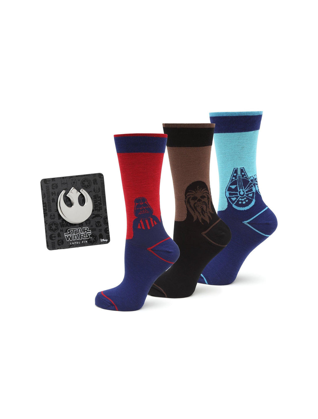 Star Wars Mod Alliance Gift Set featuring three pairs of Darth Vader, Chewbacca, and Millennium Falcon socks, with a Rebel Alliance lapel pin on a display card.