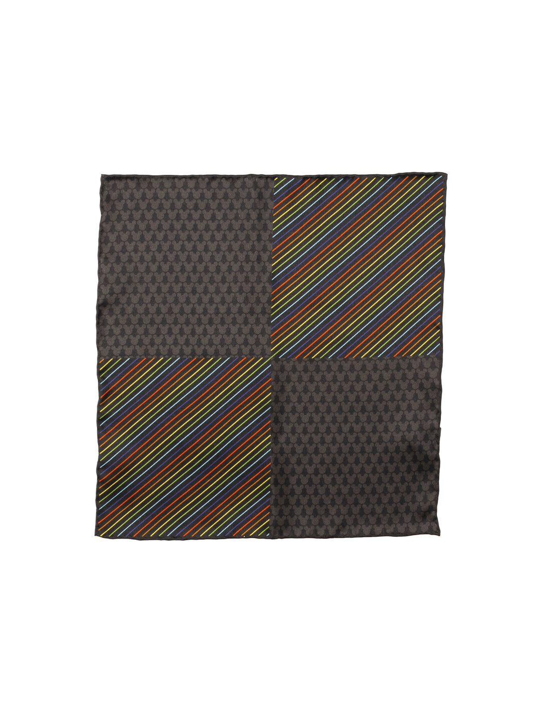 Disney Mickey Mouse Silhouette Rainbow Pocket Square divided into four sections, alternating between a dark gray Mickey silk pattern and a multicolored diagonal striped design.