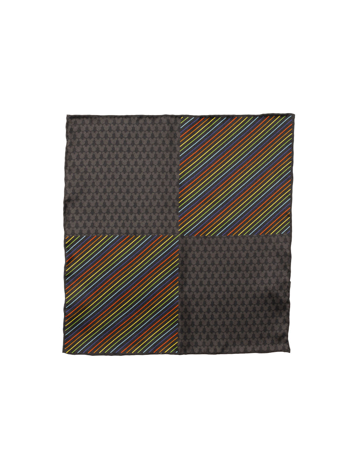 Disney Mickey Mouse Silhouette Rainbow Pocket Square divided into four sections, alternating between a dark gray Mickey silk pattern and a multicolored diagonal striped design.