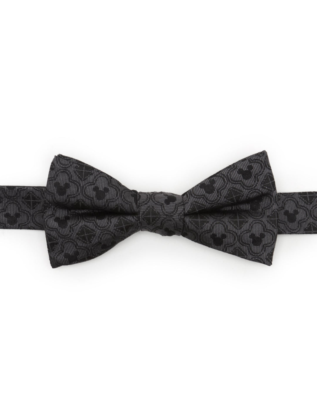 Disney Mickey Mouse Pattern Black Bow Tie featuring a black silk bow tie with a repeating geometric pattern of Mickey Mouse silhouettes.
