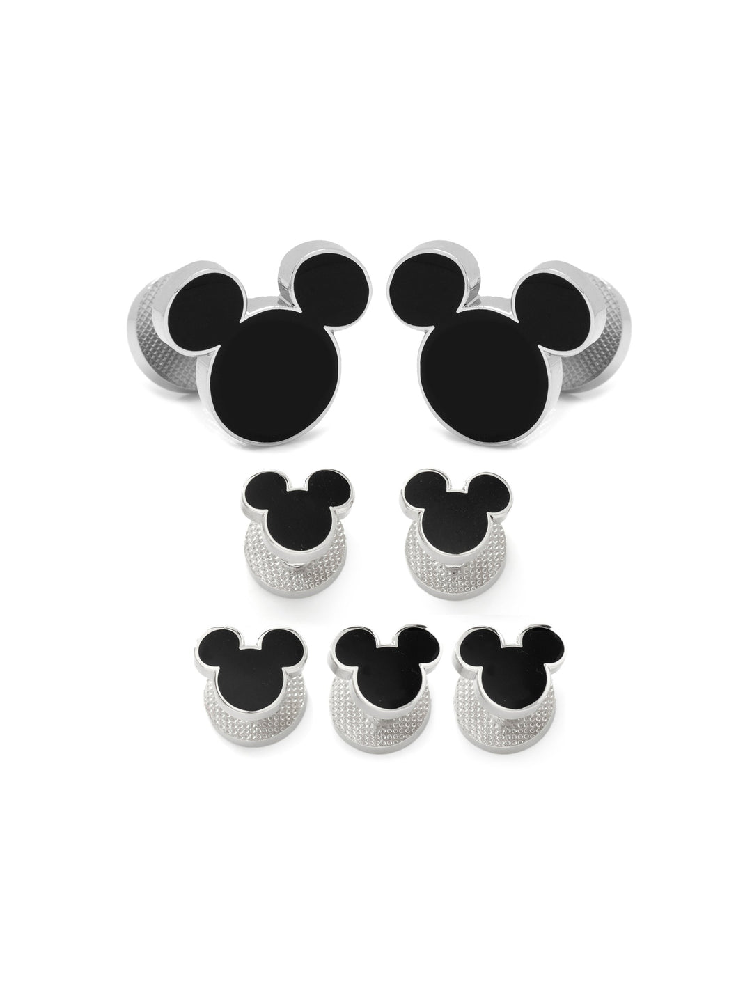 Disney Mickey Mouse Silhouette 5-Stud Set featuring two large and three small silver-toned studs, each with a black Mickey Mouse silhouette.