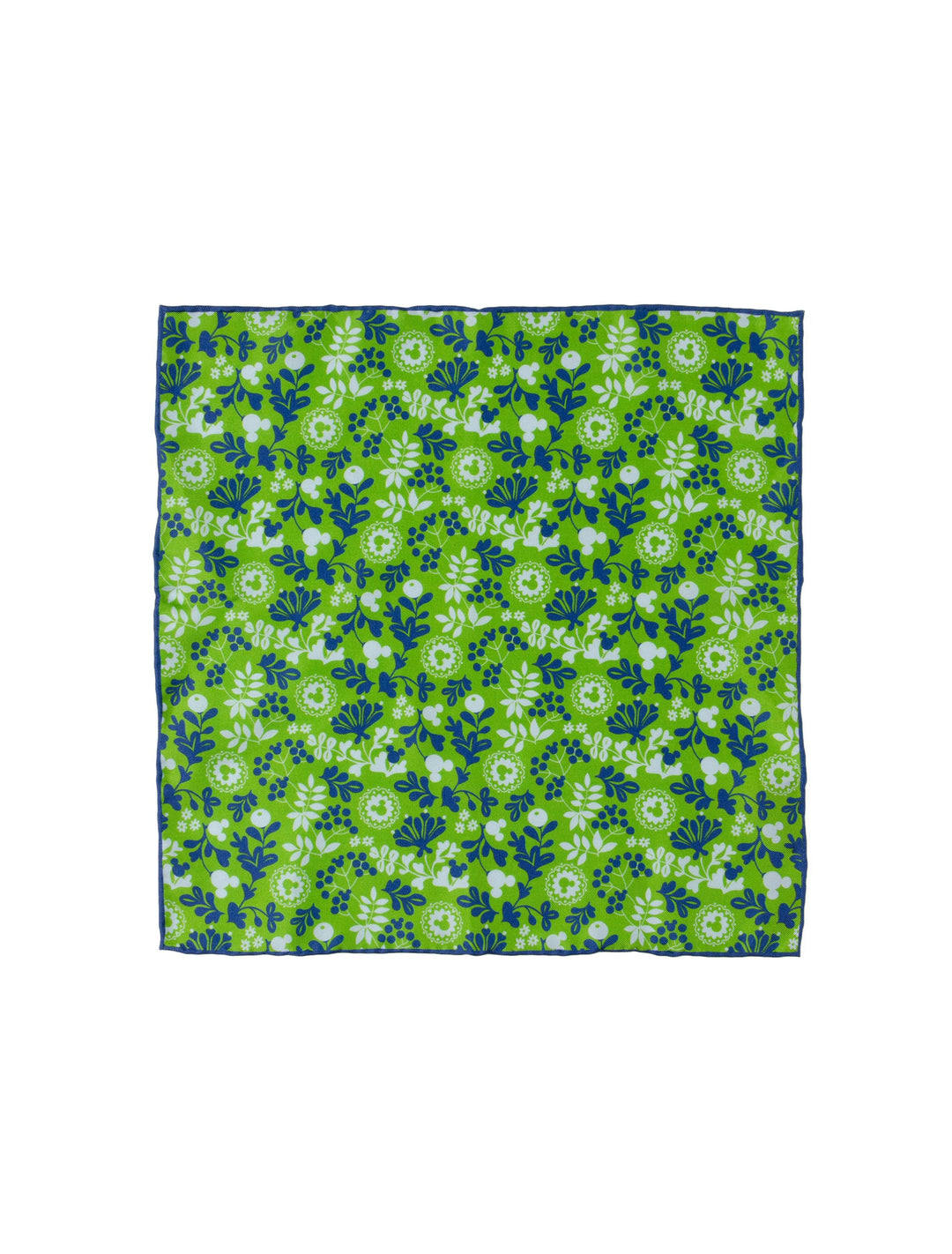 Disney Mickey Mouse Floral Green Pocket Square in silk with a repeating blue and white floral pattern featuring Mickey Mouse head silhouettes.