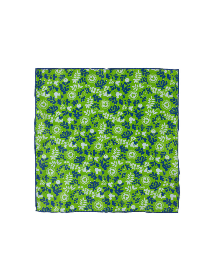 Disney Mickey Mouse Floral Green Pocket Square in silk with a repeating blue and white floral pattern featuring Mickey Mouse head silhouettes.