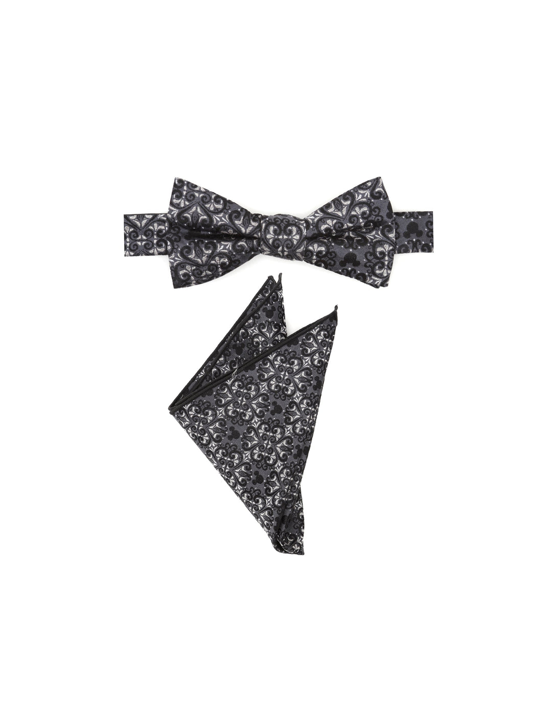 A Disney Mickey Mouse Damask Pocket Square and Bow Tie Gift Set featuring a pre-tied bow tie and folded pocket square in a grey and black damask pattern with hidden silhouettes.