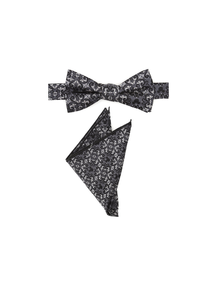 A Disney Mickey Mouse Damask Pocket Square and Bow Tie Gift Set featuring a pre-tied bow tie and folded pocket square in a grey and black damask pattern with hidden silhouettes.