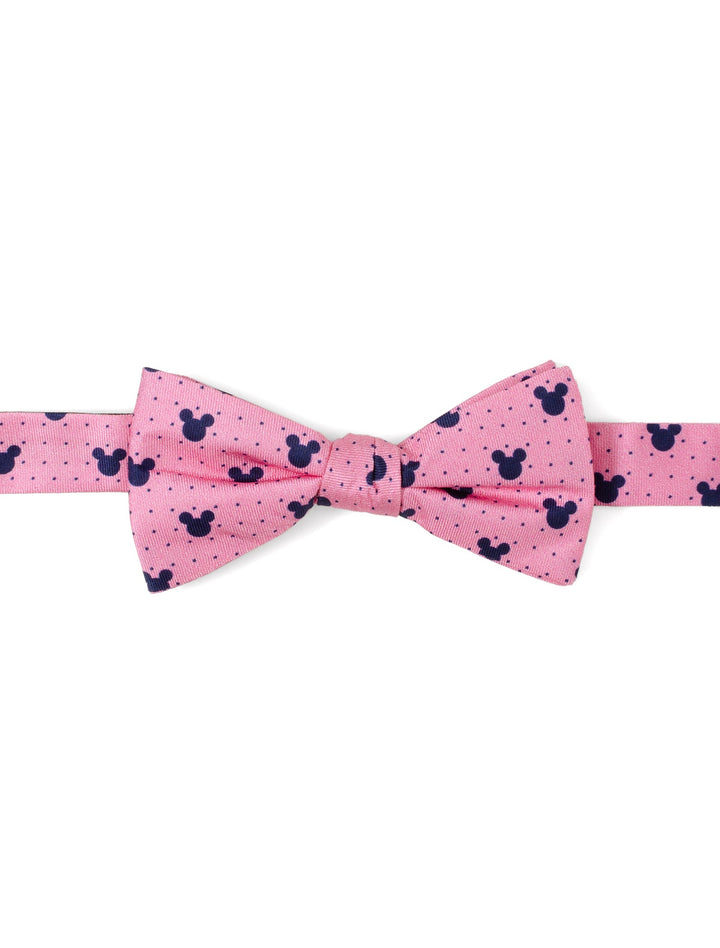 Disney Mickey Mouse Pink Dot Silhouette Pre-Tied Bow Tie in pink with a dark blue polka dot and Mickey Mouse silhouette pattern.