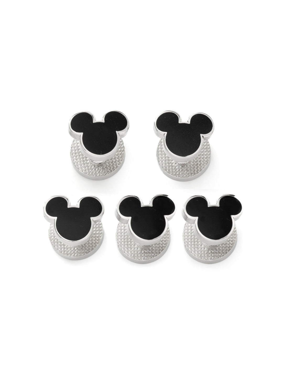 Five silver-toned Disney Mickey Mouse Silhouette 5-Studs, each featuring a black silhouette.