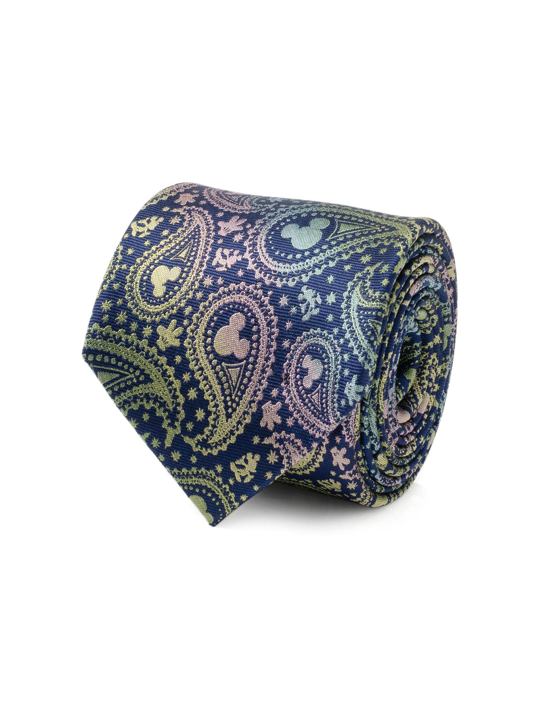 Disney Mickey Mouse Silhouette Iridescent Paisley Navy Tie, rolled into a coil, featuring an iridescent paisley pattern interspersed with iconic mouse silhouettes on navy blue fabric.