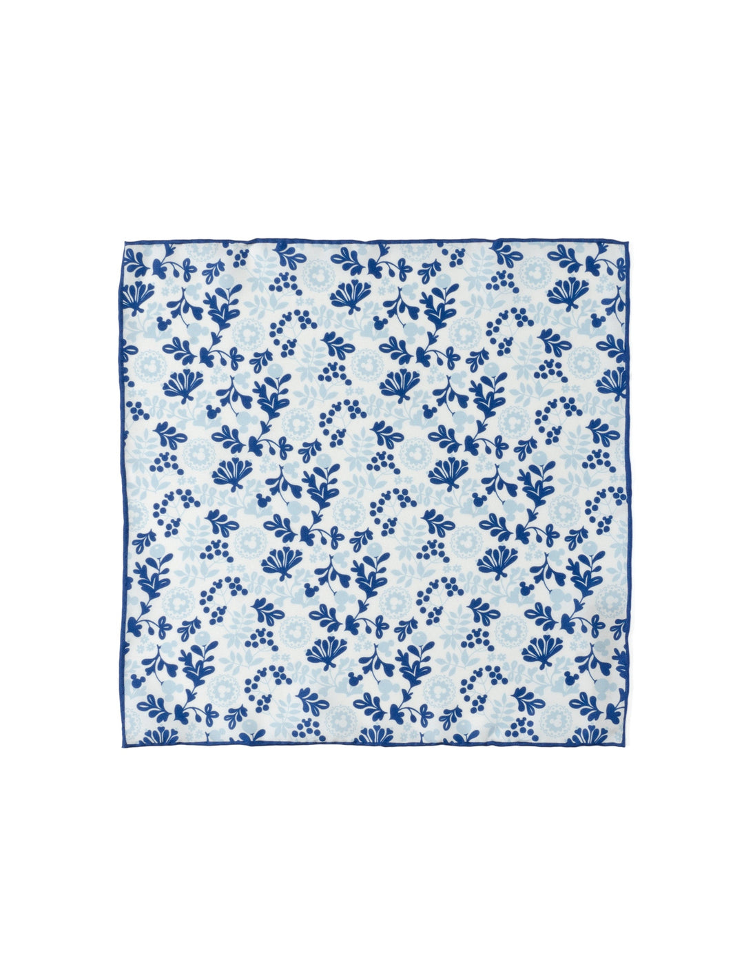 Disney Mickey Mouse Floral White Pocket Square in white silk with a blue floral pattern featuring hidden Mickey Mouse silhouettes.
