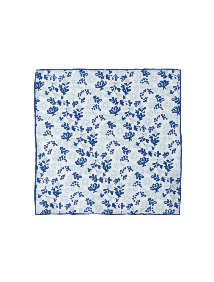 Disney Mickey Mouse Floral White Pocket Square in white silk with a blue floral pattern featuring hidden Mickey Mouse silhouettes.