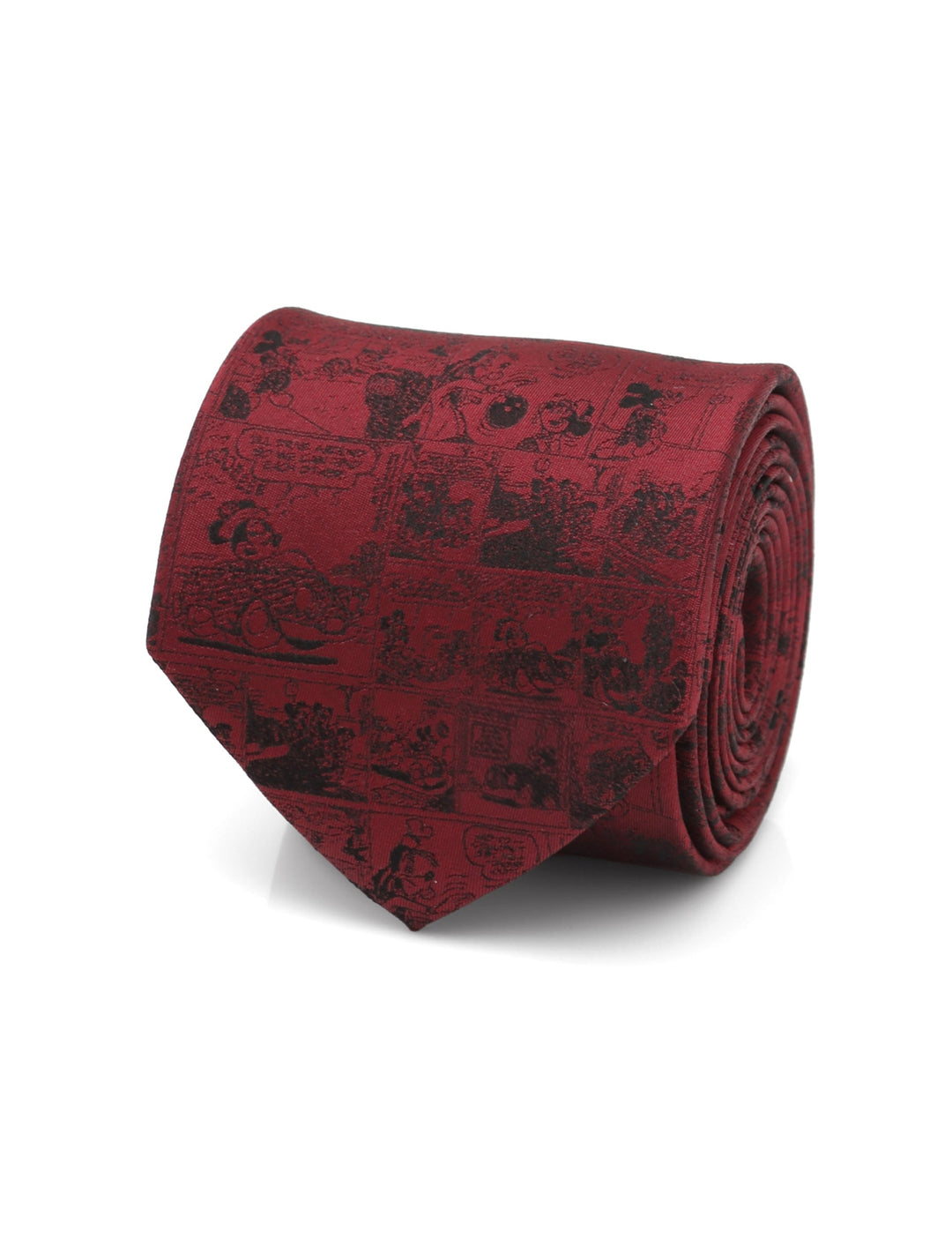 A red Disney Mickey Mouse Comic Red Men’s Tie patterned with a black comic strip print.