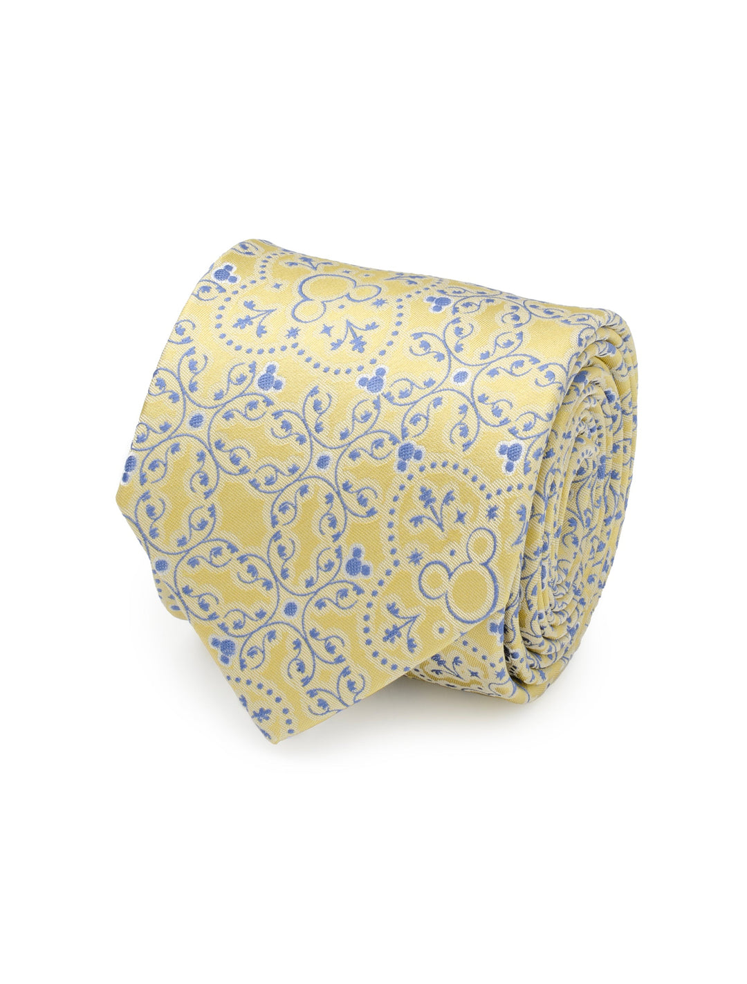 A Disney Mickey Mouse Yellow Multi Men’s Tie rolled into a coil with a blue scrolling vine pattern featuring Mickey Mouse head silhouettes.