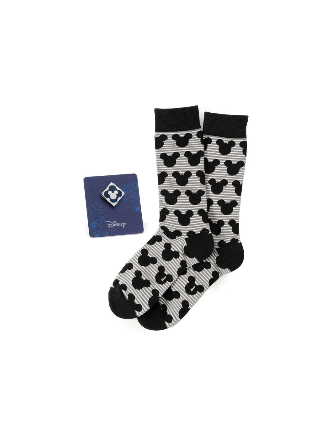 Disney Mickey Mouse Stripe Gray Sock and Mickey Blue Lapel Pin Gift Set featuring gray striped socks with a black Mickey Mouse pattern and a blue Mickey Mouse lapel pin on a display card.