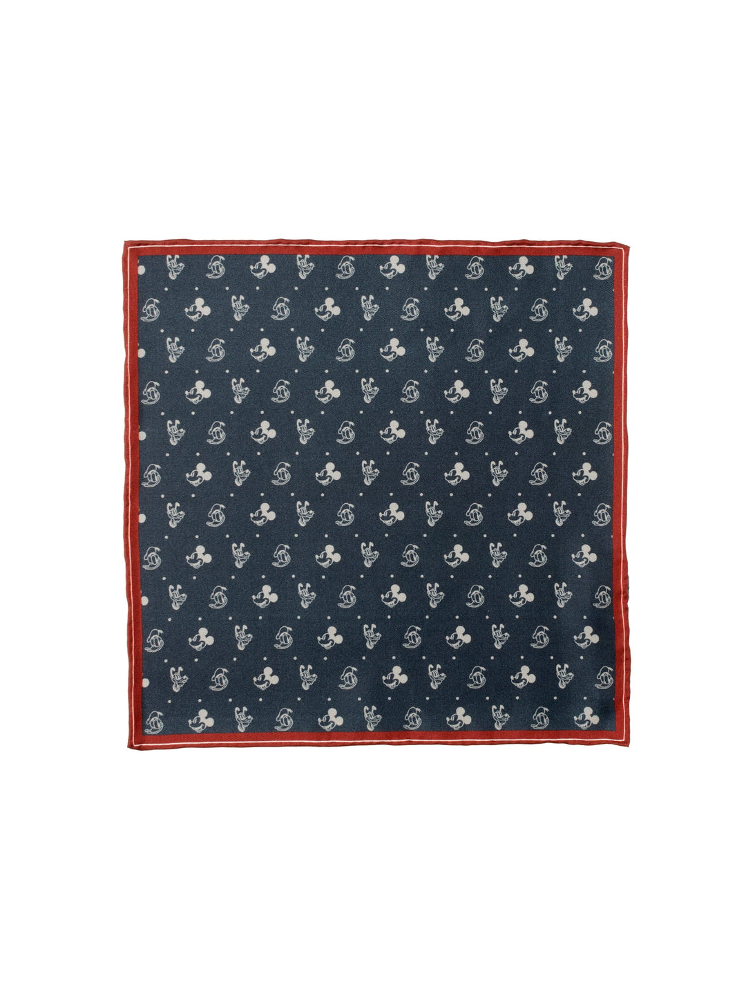 Disney Mickey and Friends Pocket Square in dark blue silk with a white repeating Mickey Mouse silhouette pattern and a red border.