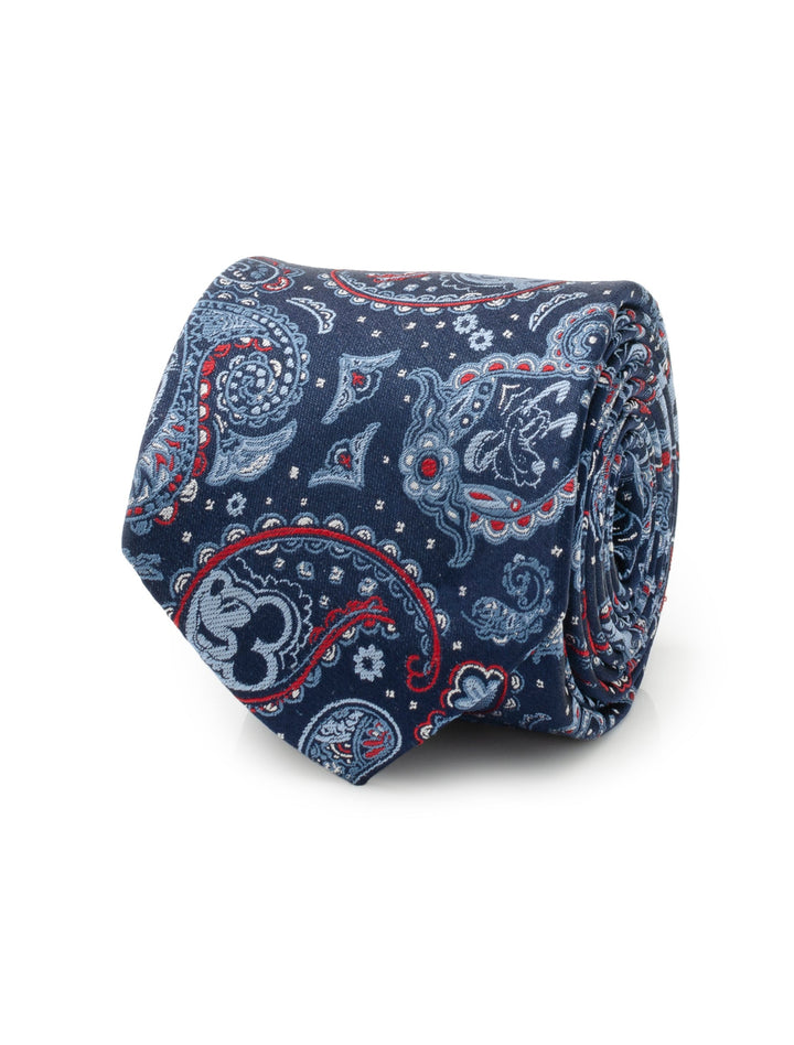 Disney Mickey and Friends Paisley Blue Multi Men’s Tie in navy blue silk with subtle Mickey Mouse silhouettes and red accents, rolled into a coil.
