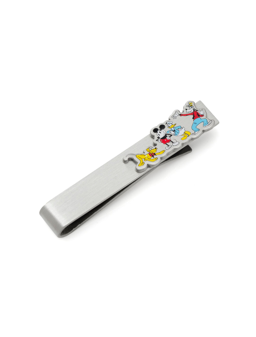 Disney Mickey and Friends Printed Silver Tie Bar featuring an enamel accent of Mickey Mouse, Donald Duck, Goofy, and Pluto.