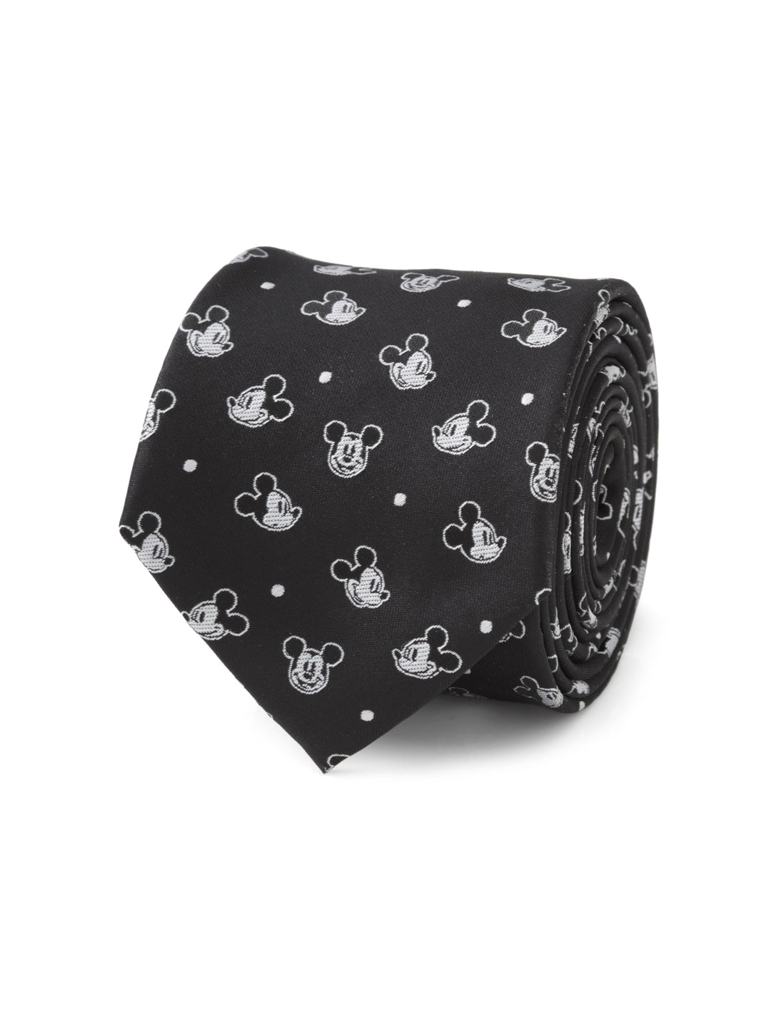 Disney Mickey Mouse Black Dot Men’s Tie, featuring a rolled-up black tie with a repeating pattern of white Mickey Mouse heads and small dots.