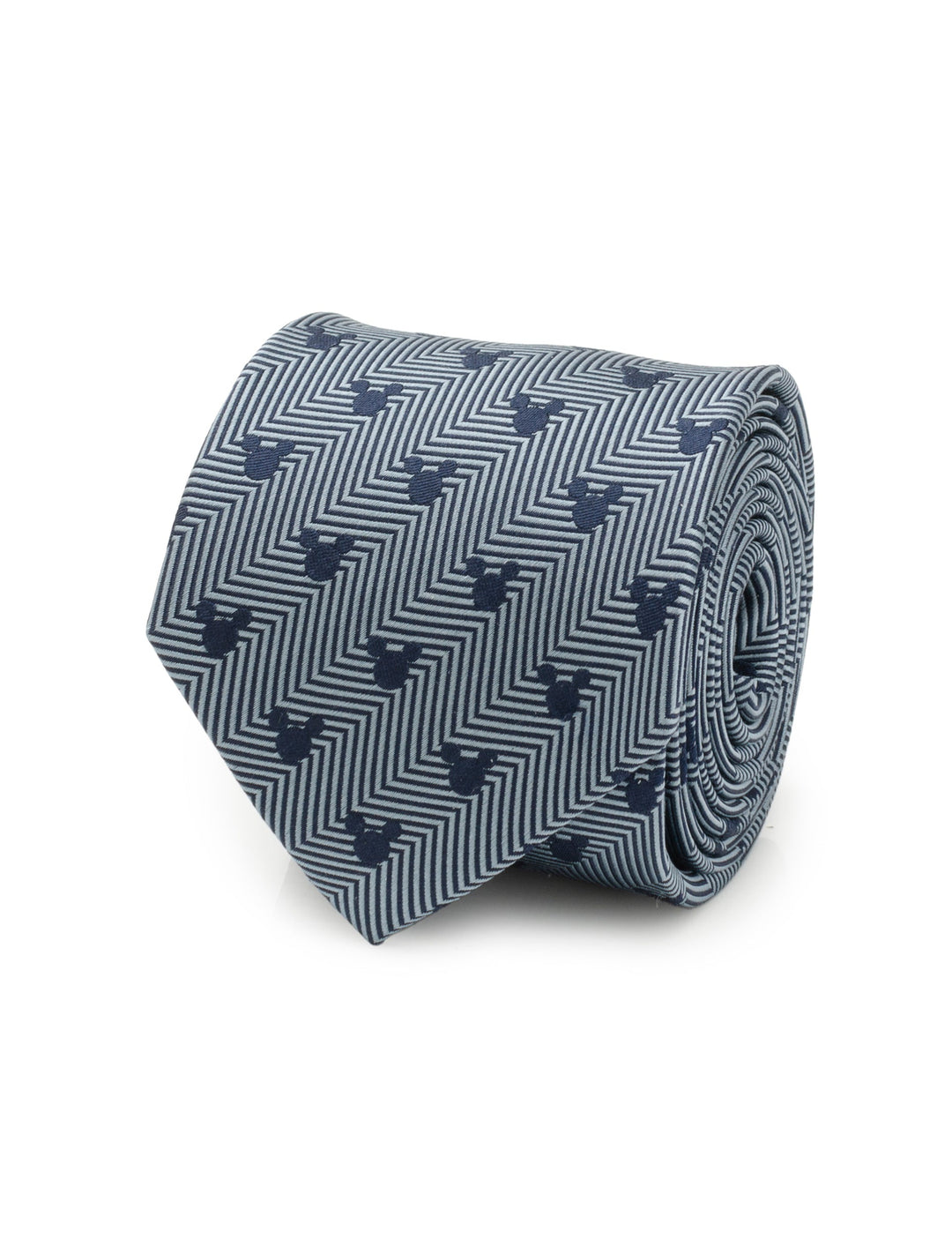 Disney Mickey Mouse Silhouette Blue Herringbone Men’s Tie in blue and grey silk with a rolled edge and a subtle pattern of small Mickey Mouse silhouettes.