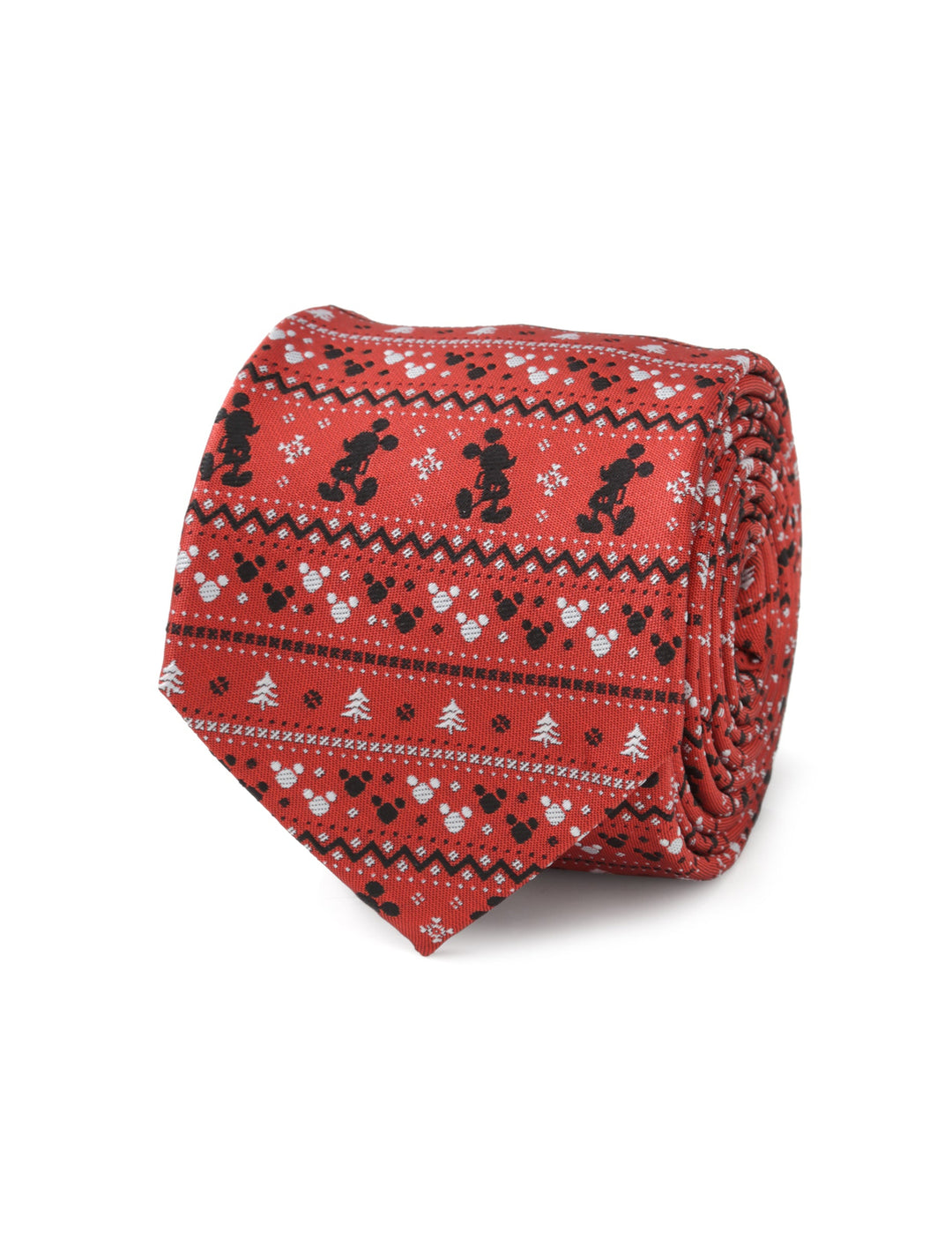 Disney Mickey Mouse Fair Isle Red Men’s Tie in red with a repeating Fair Isle pattern of Mickey Mouse silhouettes, snowflakes, and pine trees.