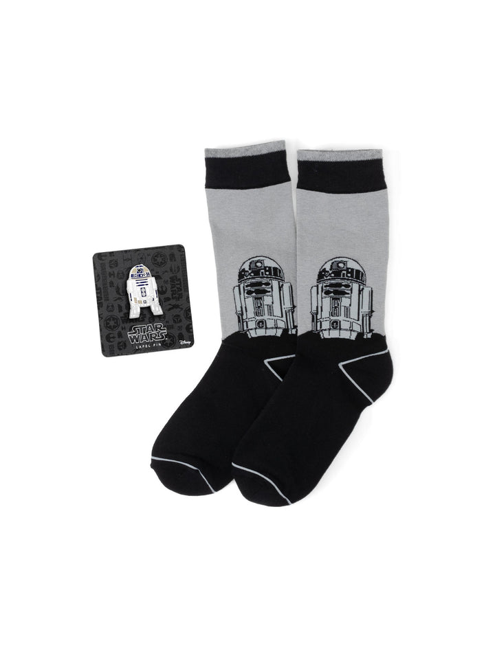 Star Wars R2-D2 Men’s Gray and Black Mod Dress Socks and Lapel Pin Gift Set featuring a pair of gray and black R2-D2 socks with a matching R2-D2 lapel pin on a display card.