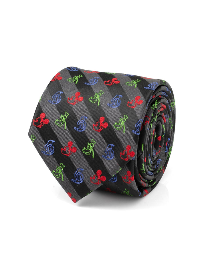 Disney Mickey and Friends Multi Black Stripe Men’s Tie featuring black and gray stripes with small red, blue, and green embroidered Mickey Mouse silhouettes.