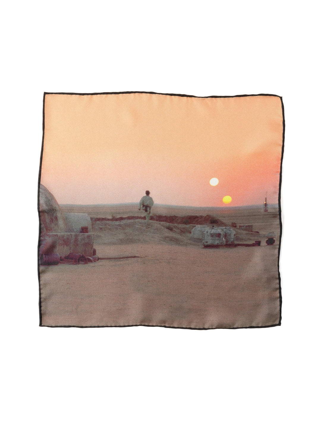 Star Wars Tatooine Binary Sunset Pocket Square featuring a printed scene of a person looking at a desert landscape with small buildings.