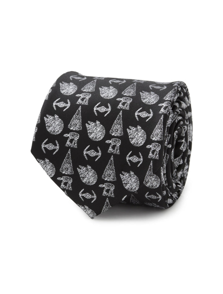 Star Wars Ships Black Tie featuring an all-over white print of spaceships and walkers.