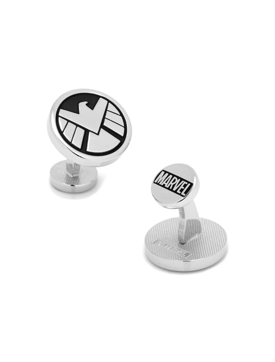 A pair of silver-toned Marvel Agents of S.H.I.E.L.D. Cufflinks: one features the black and silver S.H.I.E.L.D. eagle logo, and the other shows the Marvel logo.