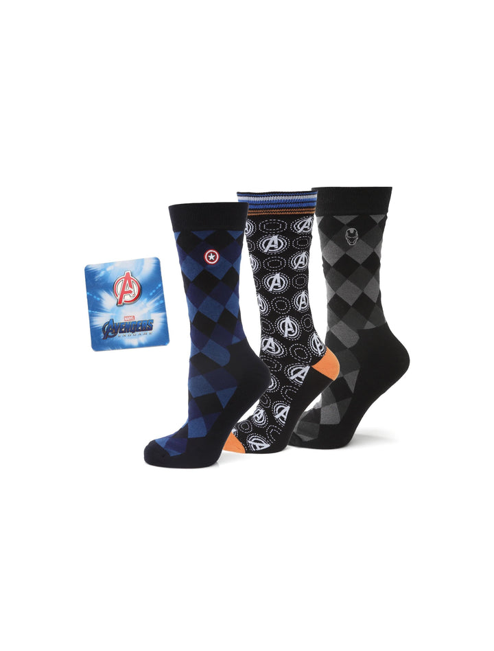 Marvel Argyle 3 Socks Pack and Lapel Pin Gift Set featuring three pairs of Marvel socks with superhero motifs and an Avengers lapel pin.