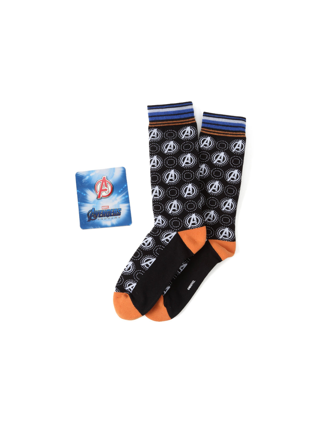 Marvel Avengers Black Multicolored Gift Set featuring a pair of black socks with a repeating Avengers logo, orange heels and toes, and a matching rectangular gift card.