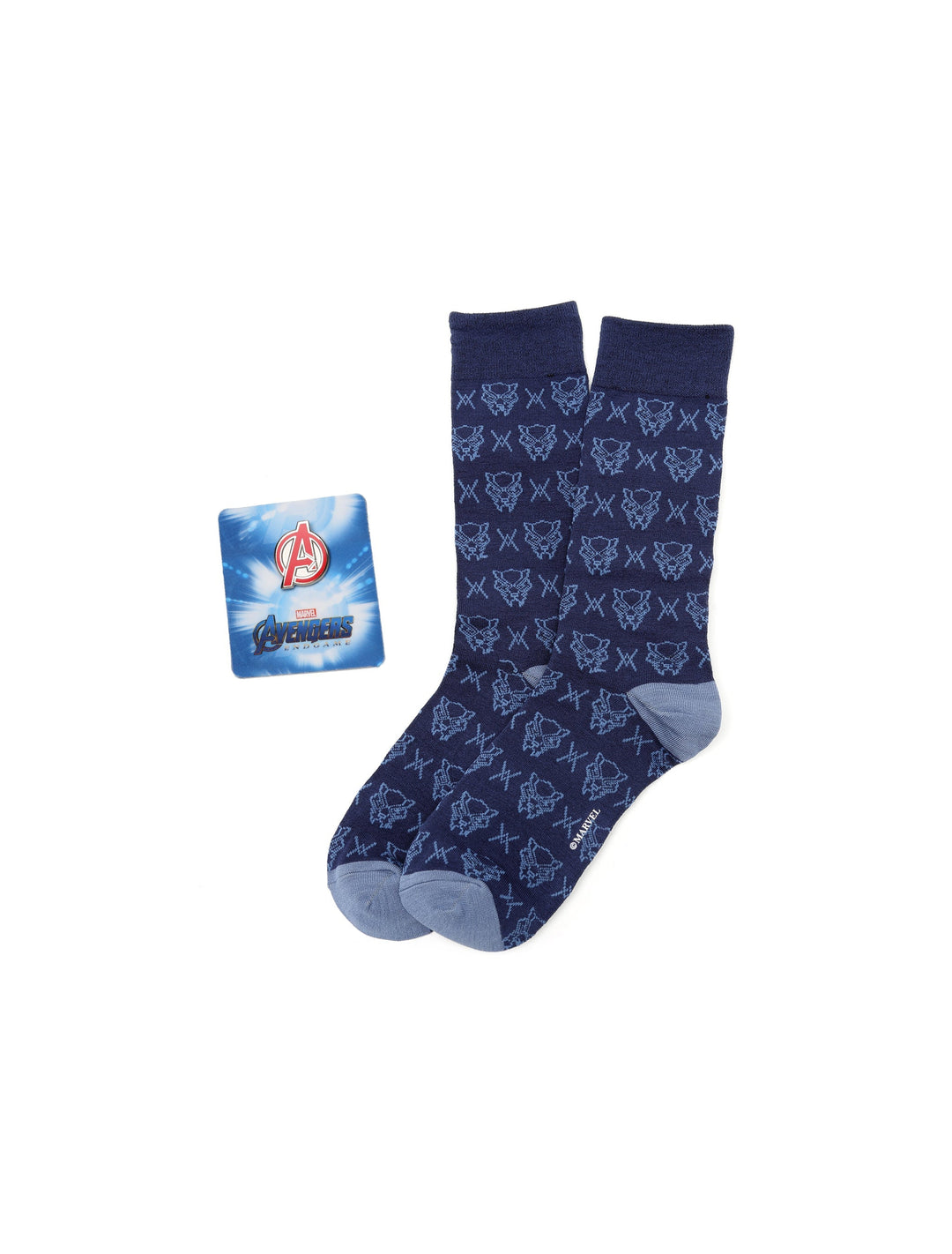 A pair of navy blue Black Panther socks with a repeating mask pattern from the Marvel Avengers Black Panther Blue Gift Set, presented with a square gift tag.