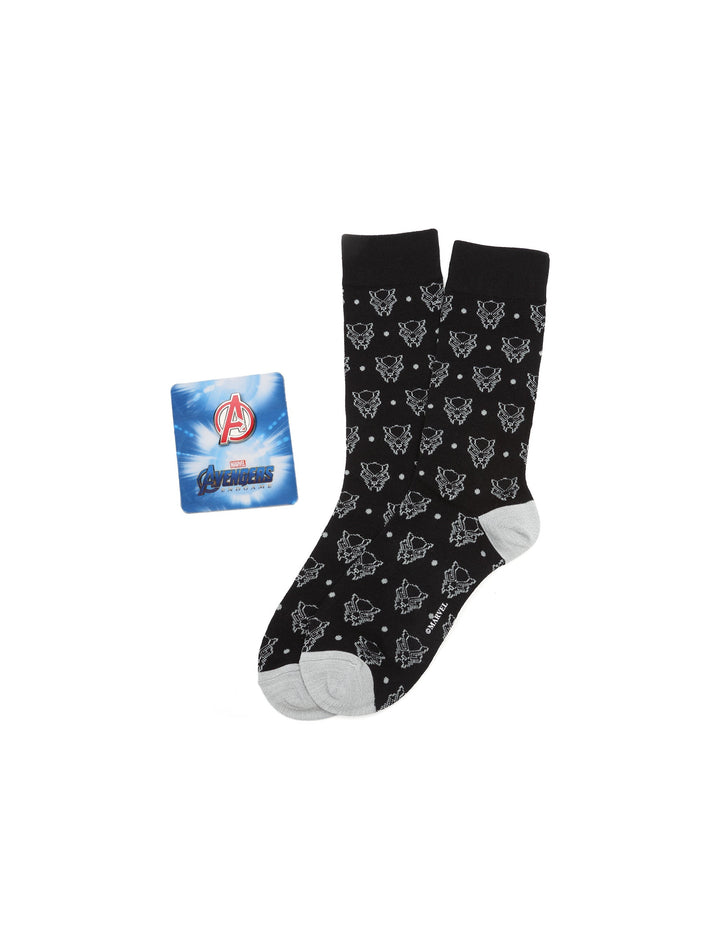 Marvel Avengers Black Panther Dot Gift Set featuring black crew socks with a white mask and dot pattern, paired with an Avengers logo gift card.