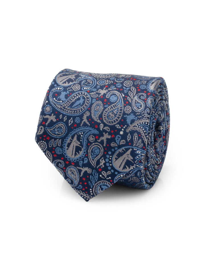 Marvel Avengers Blue Multi Paisley Men’s Tie in a blue silk paisley pattern with small superhero silhouettes and red star accents, rolled into a coil.