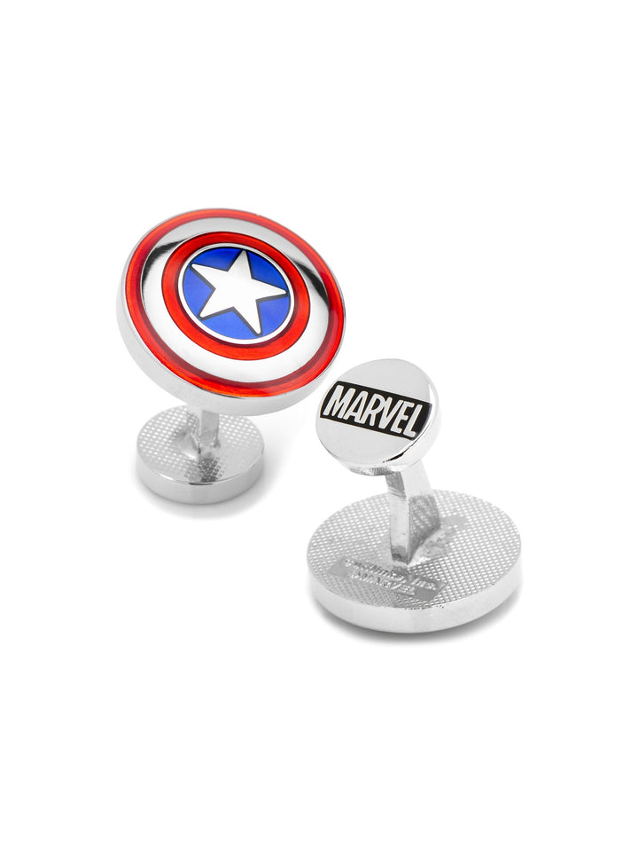 Marvel Avengers Captain America Shield Cufflinks: one silver disc with a red, white, and blue shield and star, the other with “MARVEL” in black text on silver.