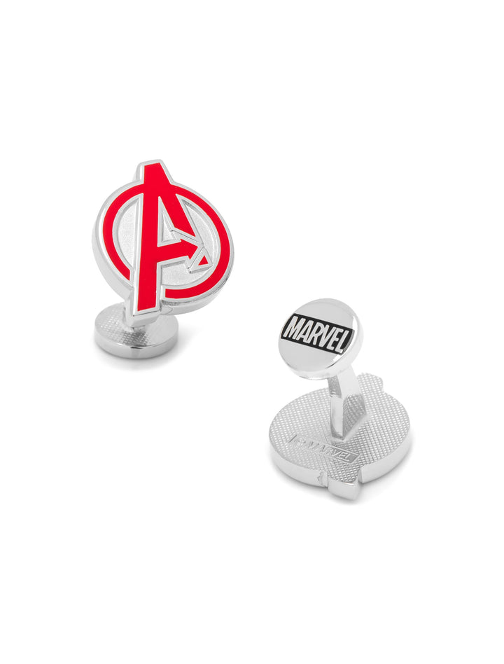 Marvel Avengers Cufflinks consisting of two silver pieces, one with a red logo and the other a small circular disc labeled Marvel.