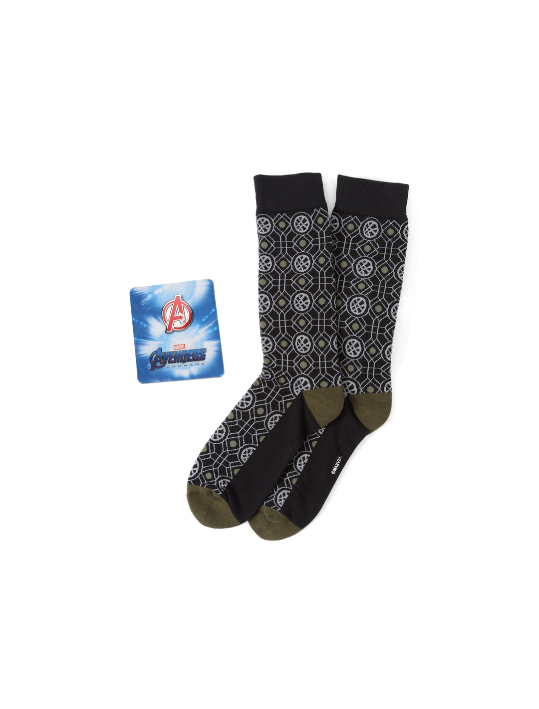 Marvel Avengers Doctor Strange Black Gift Set featuring a pair of black crew socks with a repeating geometric circular pattern and a small Avengers accessories collector card with the Endgame logo.